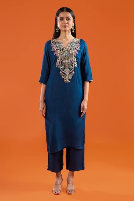 Buy Samyukta Singhania Blue Silk, Shantoon, Chiffon Embroidery, Sequins, Beads, A-line Kurta Set Online at Aza Fashions Buy_Samyukta Singhania_Blue Silk, Shantoon, Chiffon Embroidery, Sequins, Beads, A-line Kurta Set _Online_at_Aza_Fashions