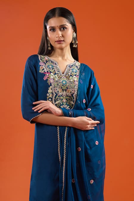 Shop Samyukta Singhania Blue Silk, Shantoon, Chiffon Embroidery, Sequins, Beads, A-line Kurta Set Online at Aza Fashions Shop_Samyukta Singhania_Blue Silk, Shantoon, Chiffon Embroidery, Sequins, Beads, A-line Kurta Set _Online_at_Aza_Fashions