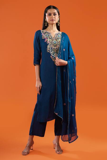 Samyukta Singhania Blue Silk, Shantoon, Chiffon Embroidery, Sequins, Beads, A-line Kurta Set at Aza Fashions Samyukta Singhania_Blue Silk, Shantoon, Chiffon Embroidery, Sequins, Beads, A-line Kurta Set _at_Aza_Fashions