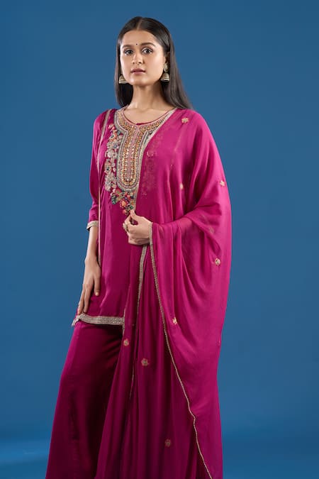 Buy Samyukta Singhania Wine Silk, Shantoon, Chiffon Beads, Sequins, Thread And Kurta Sharara Set Online at Aza Fashions Buy_Samyukta Singhania_Wine Silk, Shantoon, Chiffon Beads, Sequins, Thread And Kurta Sharara Set _Online_at_Aza_Fashions