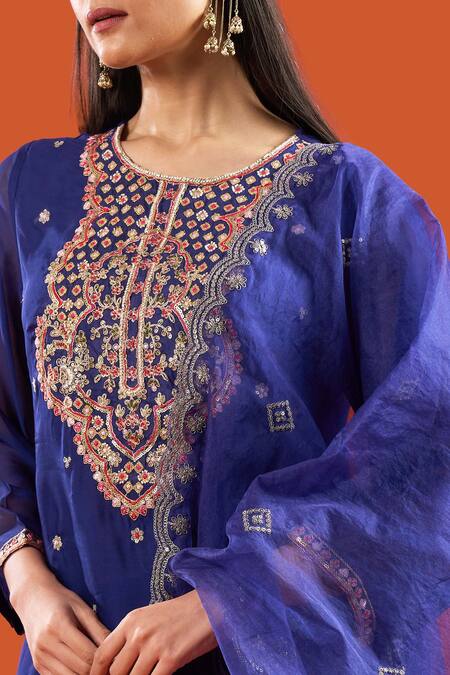 Samyukta Singhania Blue Silk Organza, Shantoon Embroidery Round Neck Zari Dori Kurta Sharara Set Online at Aza Fashions Samyukta Singhania_Blue Silk Organza, Shantoon Embroidery Round Neck Zari Dori Kurta Sharara Set _Online_at_Aza_Fashions