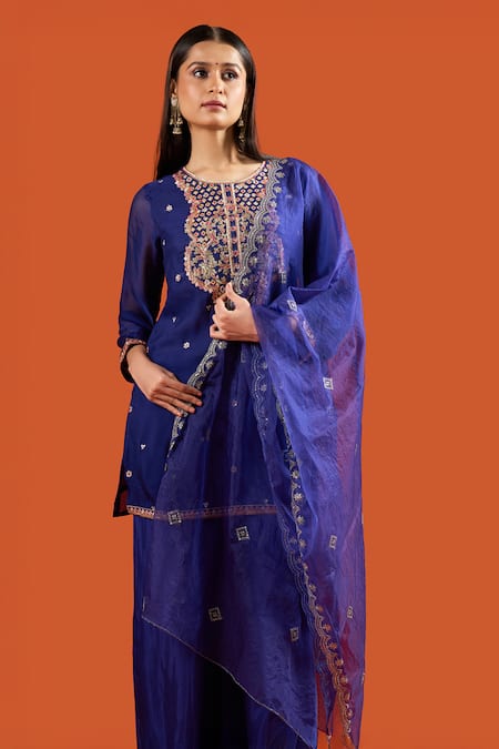 Samyukta Singhania Blue Silk Organza, Shantoon Embroidery Round Neck Zari Dori Kurta Sharara Set at Aza Fashions Samyukta Singhania_Blue Silk Organza, Shantoon Embroidery Round Neck Zari Dori Kurta Sharara Set _at_Aza_Fashions