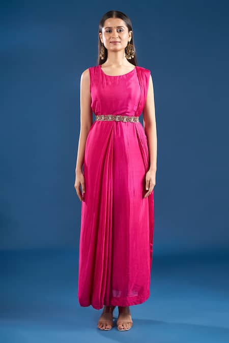 Samyukta Singhania Pink Chinon, Silk Embroidery, Leheriya Print Cape And Draped Saree Dress Set Online at Aza Fashions Samyukta Singhania_Pink Chinon, Silk Embroidery, Leheriya Print Cape And Draped Saree Dress Set _Online_at_Aza_Fashions