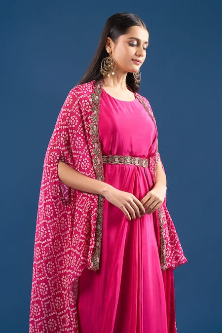 Buy Samyukta Singhania Pink Chinon, Silk Embroidery, Leheriya Print Cape And Draped Saree Dress Set Online at Aza Fashions Buy_Samyukta Singhania_Pink Chinon, Silk Embroidery, Leheriya Print Cape And Draped Saree Dress Set _Online_at_Aza_Fashions