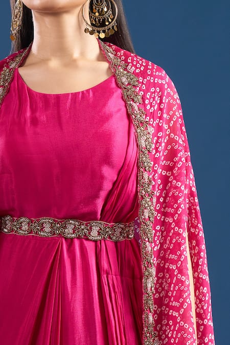 Shop Samyukta Singhania Pink Chinon, Silk Embroidery, Leheriya Print Cape And Draped Saree Dress Set Online at Aza Fashions Shop_Samyukta Singhania_Pink Chinon, Silk Embroidery, Leheriya Print Cape And Draped Saree Dress Set _Online_at_Aza_Fashions