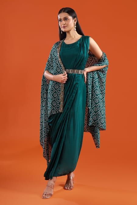 Samyukta Singhania Printed Cape & Draped Saree Dress Set
