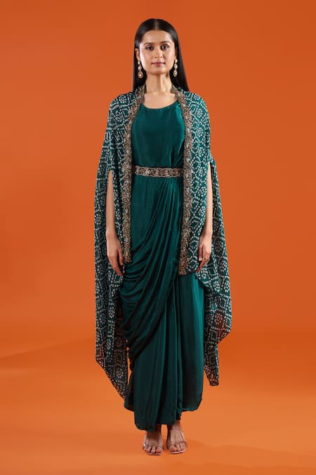 Samyukta Singhania Green Chinon Embroidery Open Neck Printed Cape And Draped Saree Dress Set Online at Aza Fashions Samyukta Singhania_Green Chinon Embroidery Open Neck Printed Cape And Draped Saree Dress Set _Online_at_Aza_Fashions