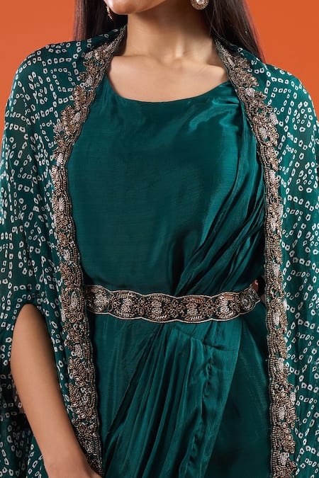 Buy Samyukta Singhania Green Chinon Embroidery Open Neck Printed Cape And Draped Saree Dress Set Online at Aza Fashions Buy_Samyukta Singhania_Green Chinon Embroidery Open Neck Printed Cape And Draped Saree Dress Set _Online_at_Aza_Fashions