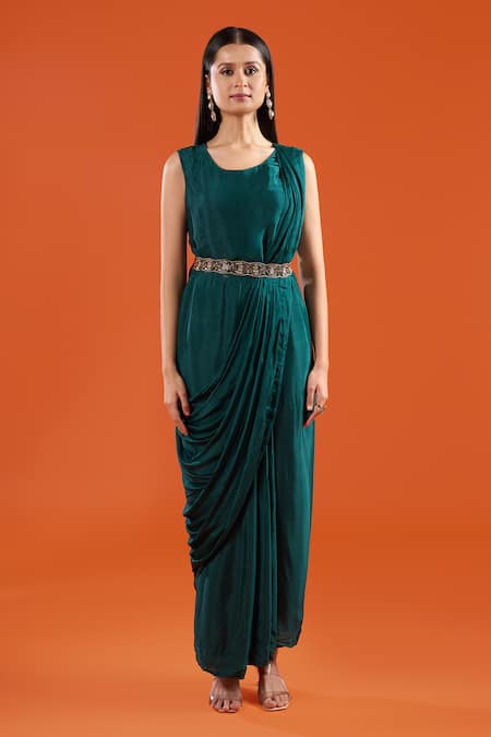 Shop Samyukta Singhania Green Chinon Embroidery Open Neck Printed Cape And Draped Saree Dress Set Online at Aza Fashions Shop_Samyukta Singhania_Green Chinon Embroidery Open Neck Printed Cape And Draped Saree Dress Set _Online_at_Aza_Fashions