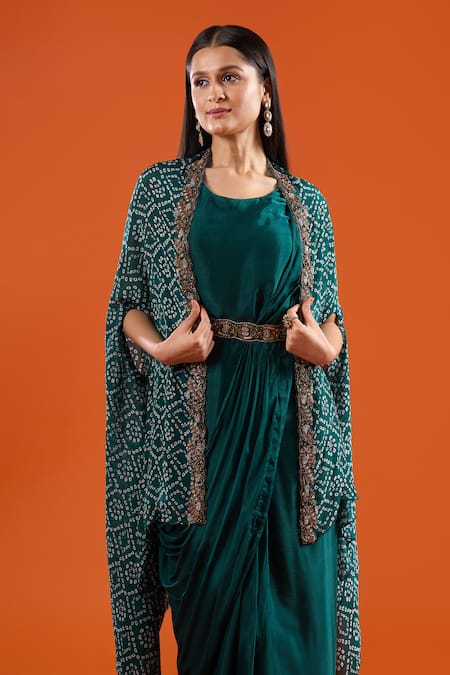 Samyukta Singhania Green Chinon Embroidery Open Neck Printed Cape And Draped Saree Dress Set at Aza Fashions Samyukta Singhania_Green Chinon Embroidery Open Neck Printed Cape And Draped Saree Dress Set _at_Aza_Fashions
