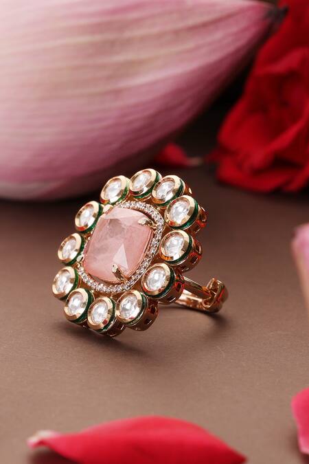 Swabhimann_Pink Stones, Faux Diamonds Kundan Embellished Ring _Online_at_Aza_Fashions