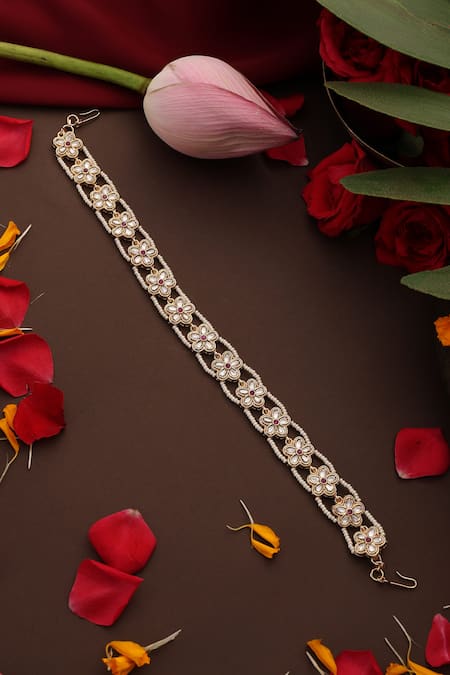 Shop_Swabhimann_Red Floral Kundan And Pearl Sheeshphool_at_Aza_Fashions