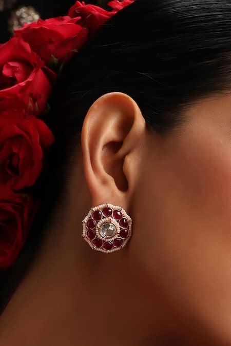 Swabhimann_Red Gemstones, Pearls Kundan Embellished Earrings _Online_at_Aza_Fashions