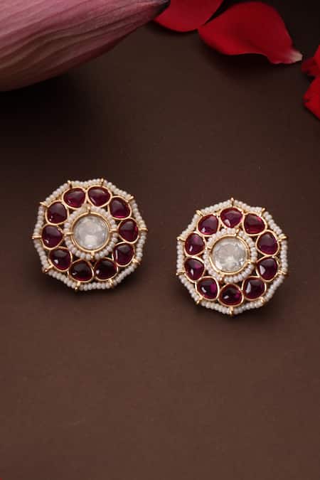 Buy_Swabhimann_Red Gemstones, Pearls Kundan Embellished Earrings _Online_at_Aza_Fashions