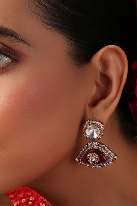 Swabhimann_Red Stones, Faux Diamonds Kundan And Embellished Danglers _Online_at_Aza_Fashions