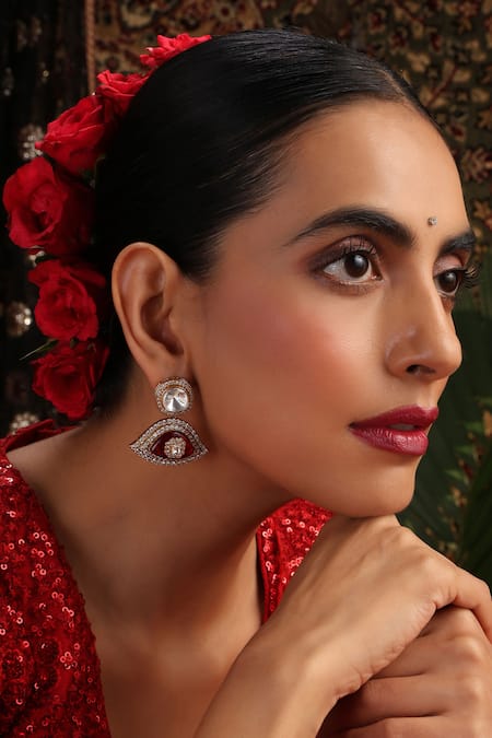 Shop_Swabhimann_Red Stones, Faux Diamonds Kundan And Embellished Danglers _Online_at_Aza_Fashions
