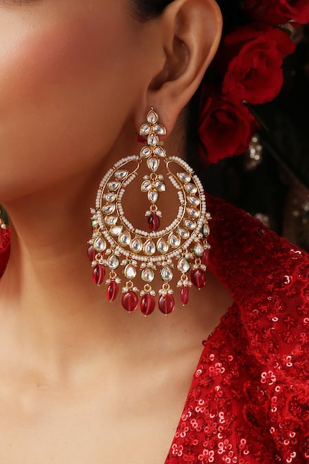Buy_Swabhimann_Red Stones, Beads, Pearls, Crystals Kundan And Ruby Drop Chandbali Earrings _Online_at_Aza_Fashions
