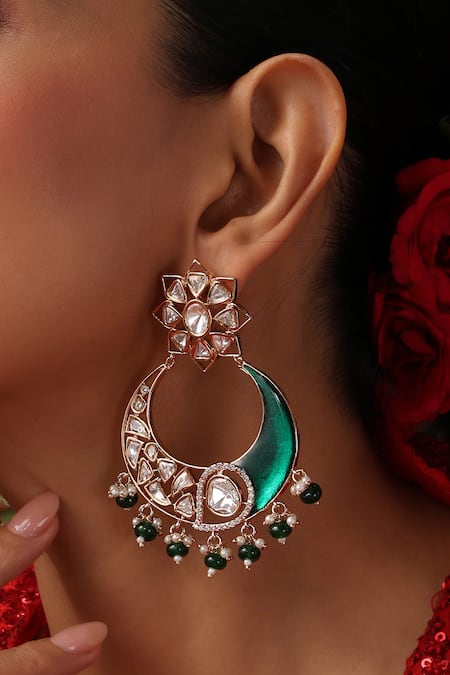 Swabhimann_Green Stones, Crystals, Beads Kundan And Enamel Chandbali Earrings _Online_at_Aza_Fashions
