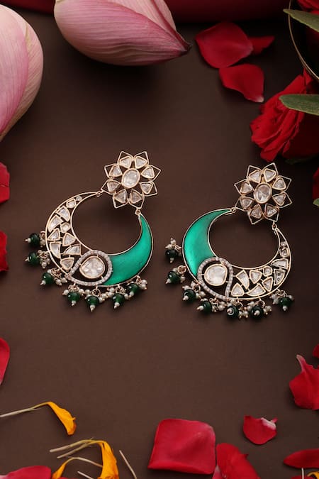 Buy_Swabhimann_Green Stones, Crystals, Beads Kundan And Enamel Chandbali Earrings _Online_at_Aza_Fashions