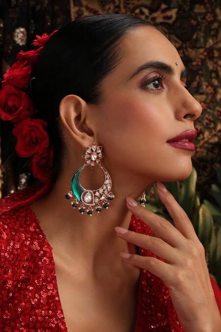 Shop_Swabhimann_Green Stones, Crystals, Beads Kundan And Enamel Chandbali Earrings _Online_at_Aza_Fashions