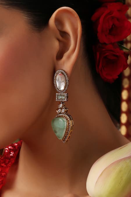 Swabhimann_Mint Stones, Pearls Kundan Embellished Earrings _Online_at_Aza_Fashions