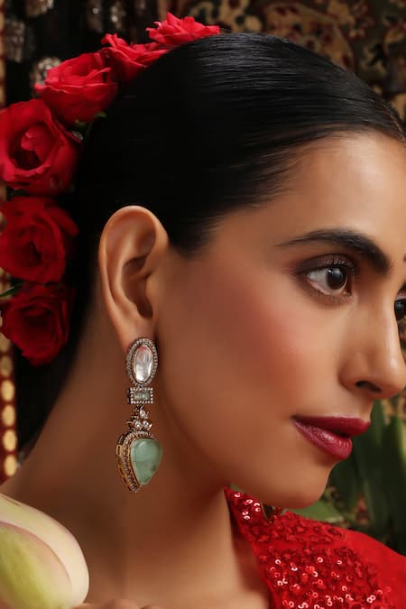 Shop_Swabhimann_Mint Stones, Pearls Kundan Embellished Earrings _Online_at_Aza_Fashions