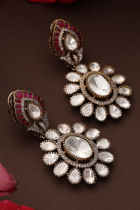 Buy_Swabhimann_Red Gemstones, Floral Cutwork Earrings _Online_at_Aza_Fashions