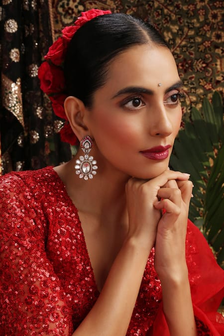 Shop_Swabhimann_Red Gemstones, Floral Cutwork Earrings _Online_at_Aza_Fashions