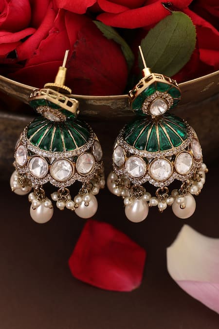 Buy_Swabhimann_Green Crystals, Stones, Pearls Embellished Jhumka Earrings _Online_at_Aza_Fashions