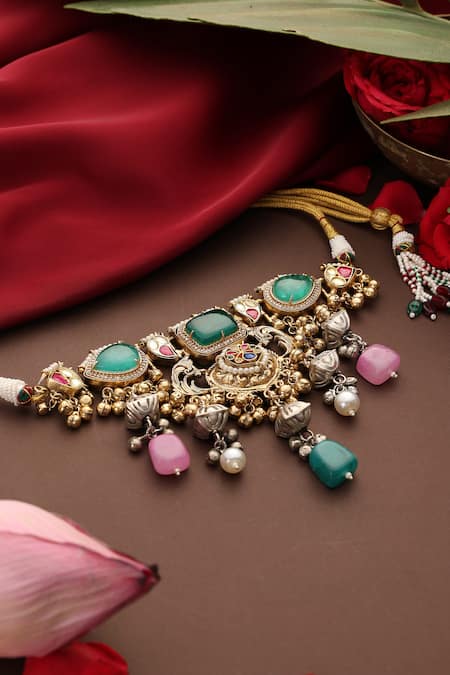 Swabhimann_Multi Color Stone And Pearl Embellished Choker _Online_at_Aza_Fashions