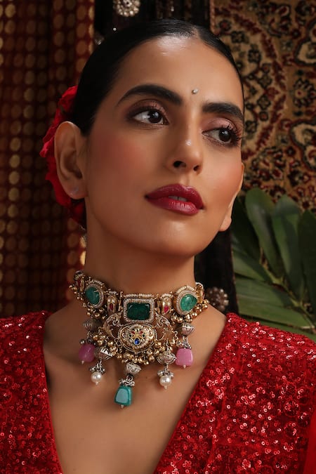 Buy_Swabhimann_Multi Color Stone And Pearl Embellished Choker _Online_at_Aza_Fashions