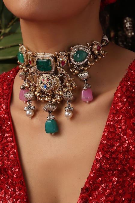 Shop_Swabhimann_Multi Color Stone And Pearl Embellished Choker _Online_at_Aza_Fashions