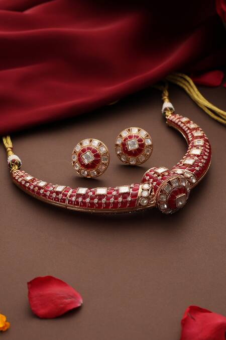 Swabhimann_Red Stones, Rhinestones Kundan Embellished Necklace Set _Online_at_Aza_Fashions