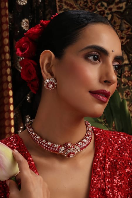 Shop_Swabhimann_Red Stones, Rhinestones Kundan Embellished Necklace Set _Online_at_Aza_Fashions