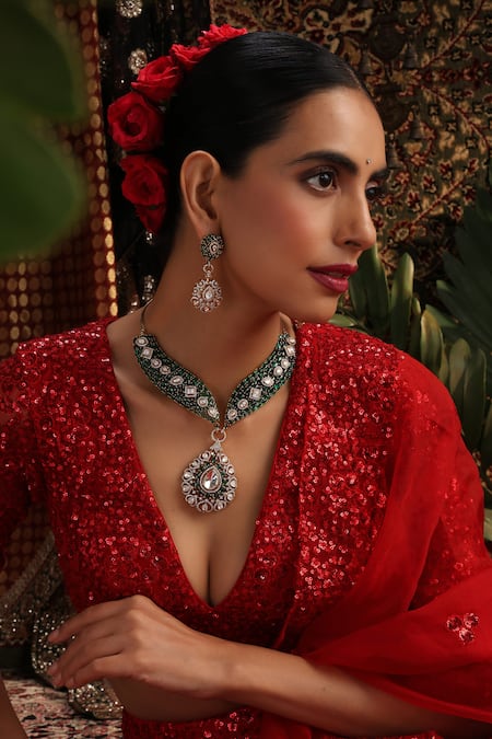 Swabhimann_Green Stones, Beads Kundan And Emerald Studded Necklace Set _Online_at_Aza_Fashions