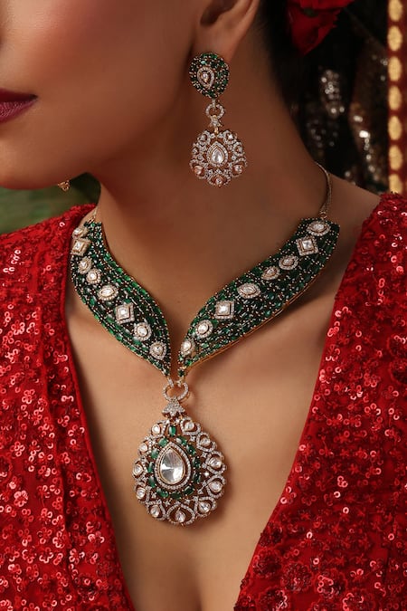 Shop_Swabhimann_Green Stones, Beads Kundan And Emerald Studded Necklace Set _Online_at_Aza_Fashions