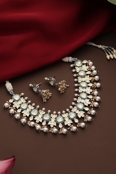 Swabhimann_Green Pearls, Stones, Beads Kundan And Embellished Necklace Set _Online_at_Aza_Fashions