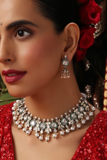 Buy_Swabhimann_Green Pearls, Stones, Beads Kundan And Embellished Necklace Set _Online_at_Aza_Fashions