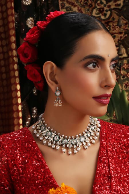 Shop_Swabhimann_Green Pearls, Stones, Beads Kundan And Embellished Necklace Set _Online_at_Aza_Fashions