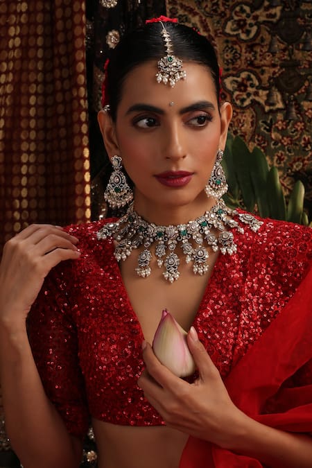 Buy_Swabhimann_Green Pearls, Gemstones, Floral Motif Necklace Set _Online_at_Aza_Fashions