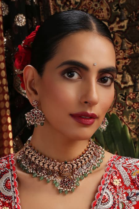 Swabhimann_Multi Color Beads, Stones, Pearls Temple Motif Choker Set _Online_at_Aza_Fashions