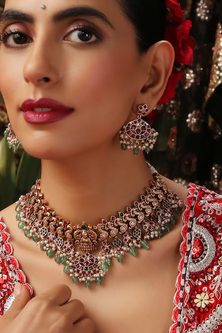 Buy_Swabhimann_Multi Color Beads, Stones, Pearls Temple Motif Choker Set _Online_at_Aza_Fashions