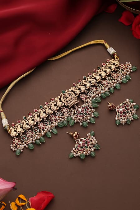 Shop_Swabhimann_Multi Color Beads, Stones, Pearls Temple Motif Choker Set _Online_at_Aza_Fashions