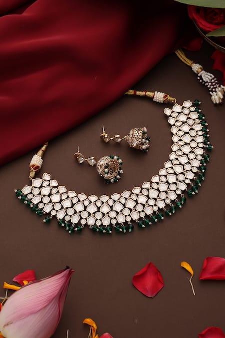 Swabhimann Kundan & Emerald Beaded Necklace Set 