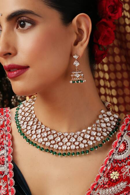 Buy_Swabhimann_Gold Plated Pearls, Beads, Faux Diamonds Kundan And Emerald Beaded Necklace Set _Online_at_Aza_Fashions