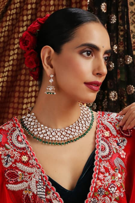 Swabhimann Kundan & Emerald Beaded Necklace Set 