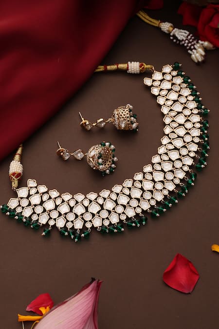 Shop_Swabhimann_Gold Plated Pearls, Beads, Faux Diamonds Kundan And Emerald Beaded Necklace Set _Online_at_Aza_Fashions