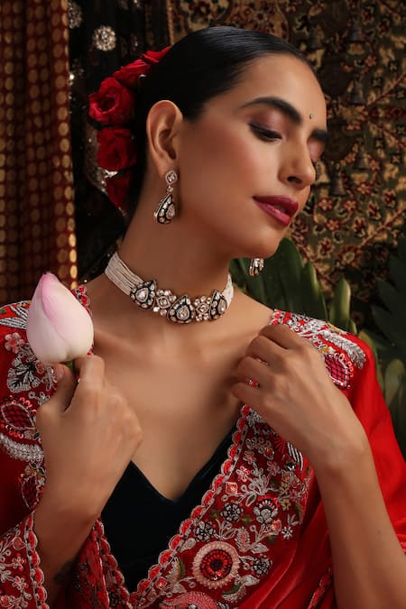 Shop_Swabhimann_White Stones, Faux Diamonds Kundan And Pearl Embellished Choker Set _Online_at_Aza_Fashions