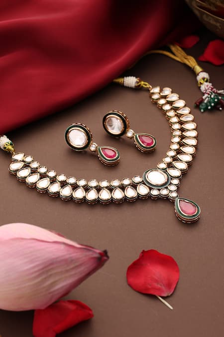 Swabhimann_Gold Plated Stones Kundan And Ruby Teardrop Necklace Set _Online_at_Aza_Fashions