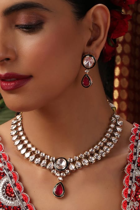 Buy_Swabhimann_Gold Plated Stones Kundan And Ruby Teardrop Necklace Set _Online_at_Aza_Fashions